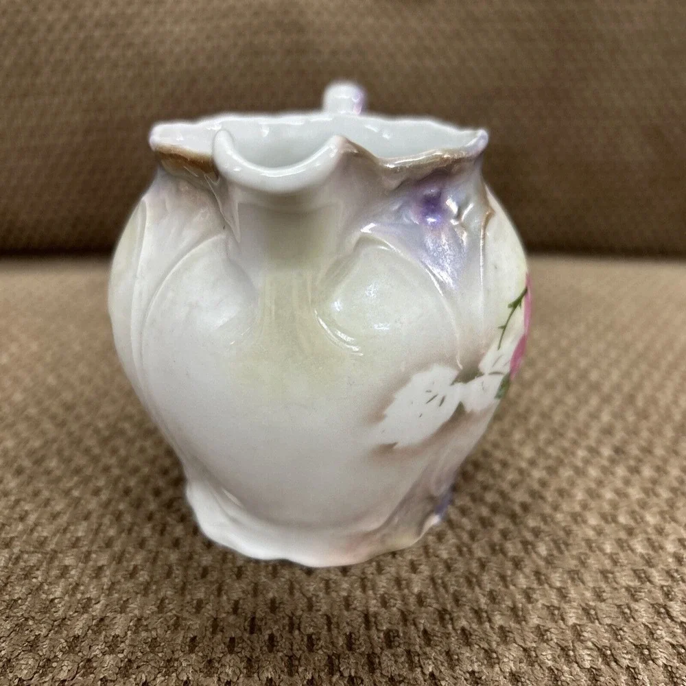 Vintage Lusterware Pink Rose Creamer‎ Porcelain Marked Bavaria White Blue Green